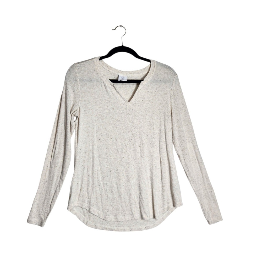 Cabi Womens Small Oatmeal Speckled Ribbed Knit Long Sleeve V-Neck Top 4003